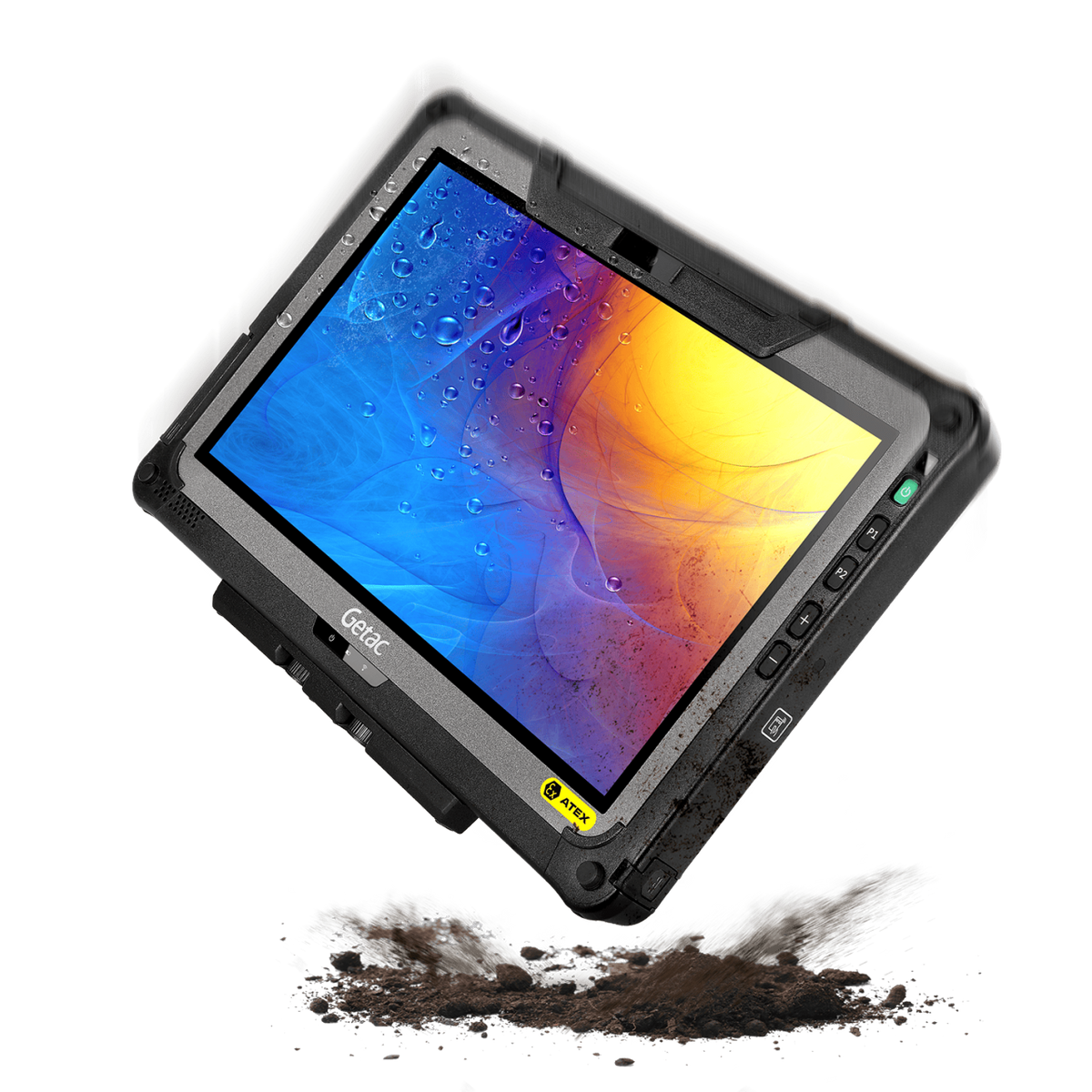 Getac F110 G7-EX ATEX/IECEx Zone 2/22 rugged 11.6-inch tablet (FTBQ66TI1PXX) – angled front view