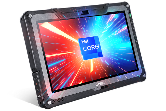 Getac F110 G7 rugged 11.6-inch tablet, RS-232 serial + LAN ports (FTA154TI1KLX) – angled front view