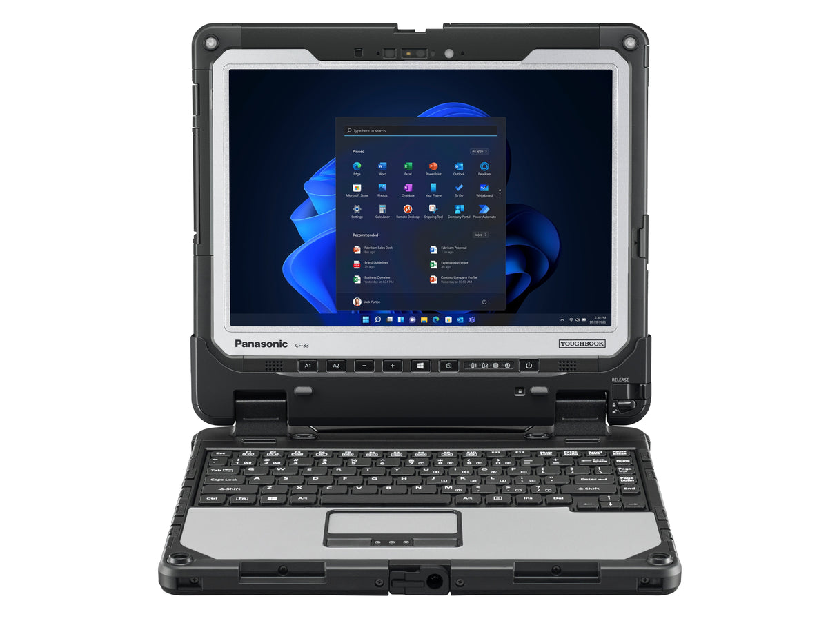 Panasonic TOUGHBOOK 33 mk2 fully rugged 12-inch 2-in-1 tablet with detachable German (QWERTZ) keyboard (CF-33GZ057B4) – front view in laptop mode